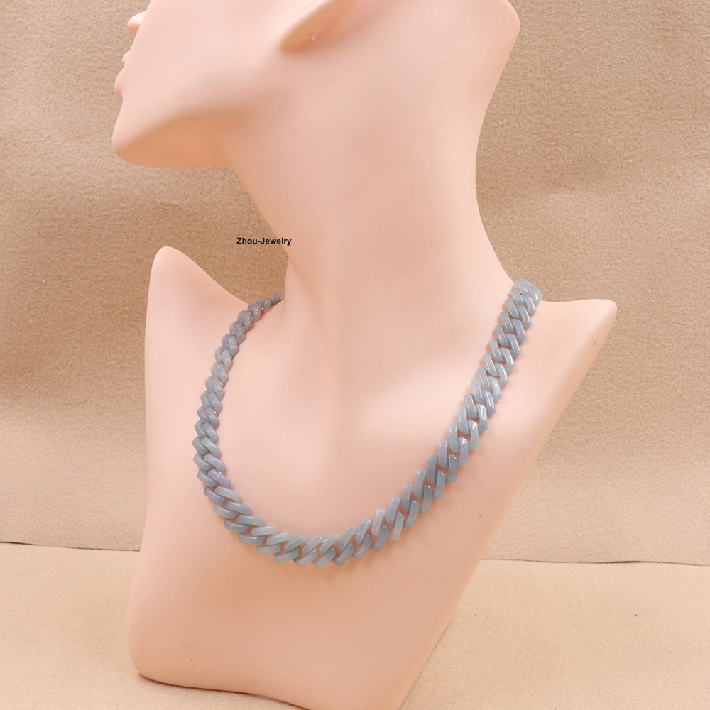 Natural Blue Water Jadeite Cuban Link Chain Necklace -Authentic Gemstone Jewelry