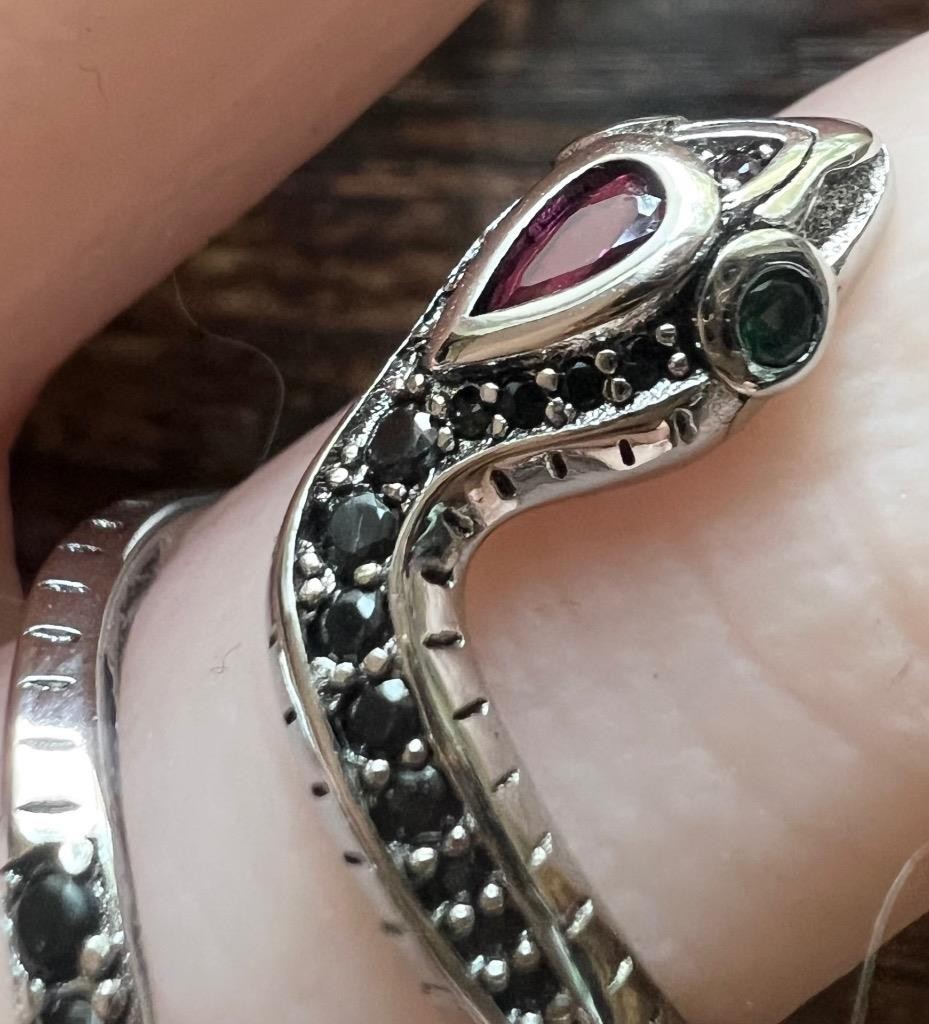 REAL Sapphire 14K W Gold on SOLID 925 Coiled Snake Adjustable Ring Egyptian Rev.