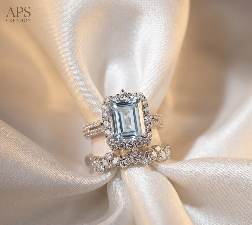 3Ct Emerald Cut Moissanite Aquamarine Bridal Ring only side Band