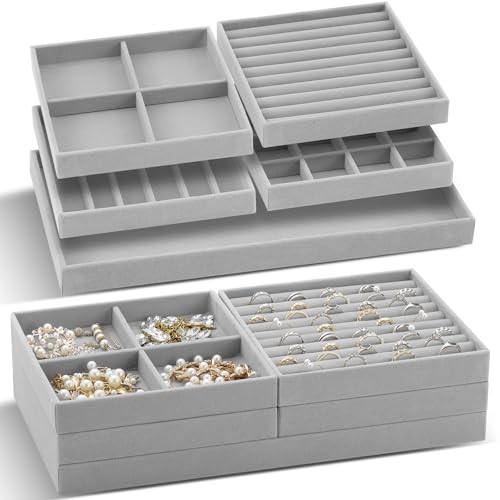 Cinnvoice Set of Stackable Jewelry Organizer Trays for Drawer 14 Inch 10 Gray