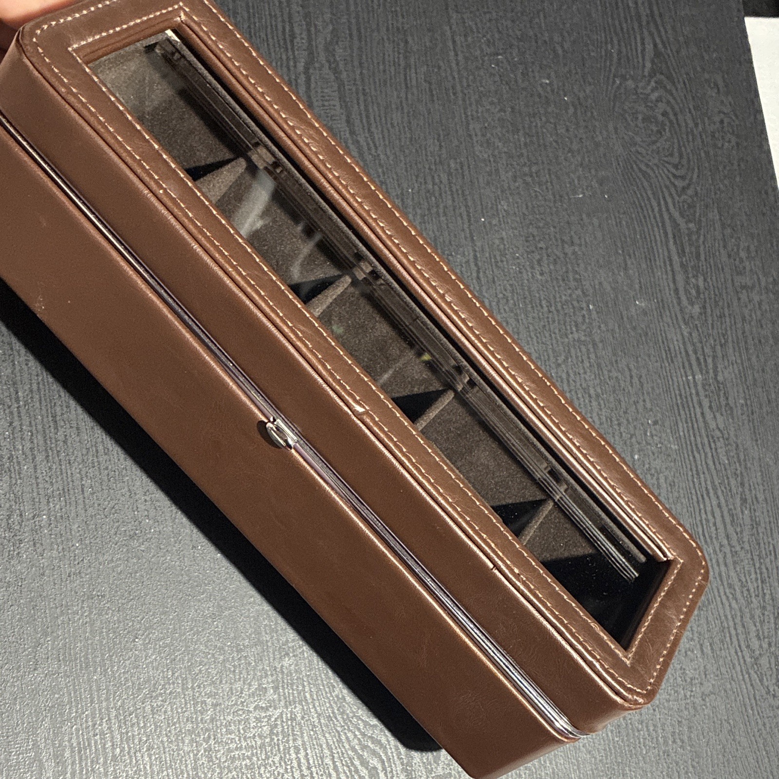 Berkshire Brown Faux Leather Watch Storage Box Case w/ Glass Lid, 5 Slot