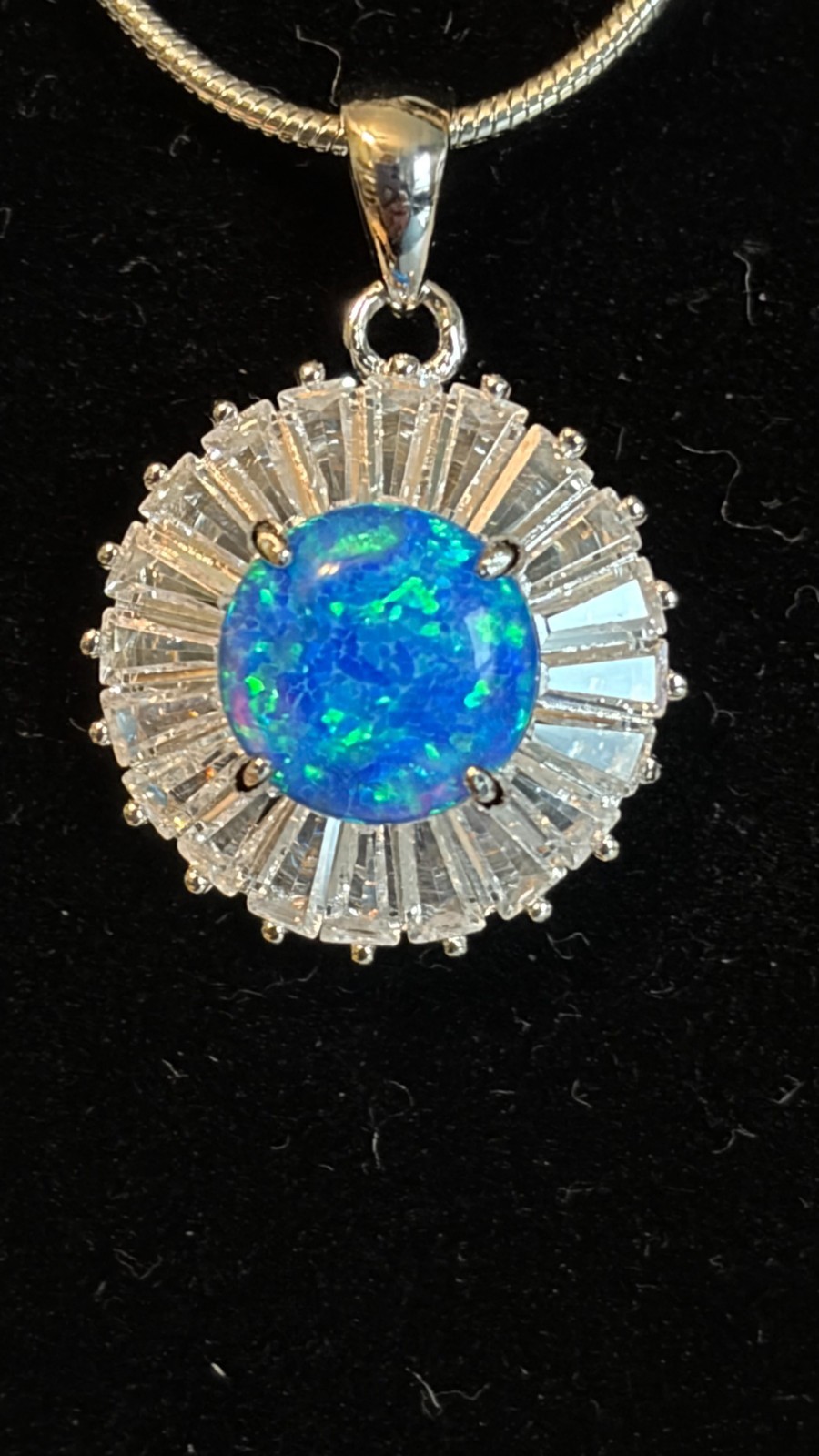 New 925 Halo 8mm Fire Opal Pendant with CZs on a 24” Sterling Silver Snake Chain