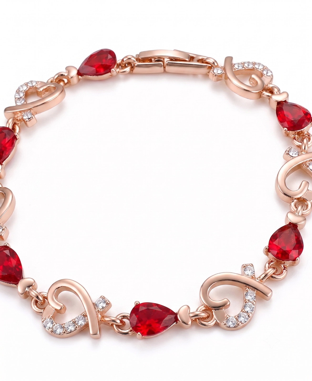 Gold Red Heart Diamante Jewel Link Bracelet Womens Jewellery Elegant UK Seller