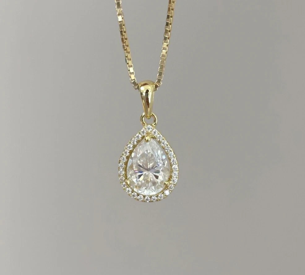 2.5Ct Pear Lab Created Diamond Halo 14K Yellow Gold FN Women’s Wedding Pendant