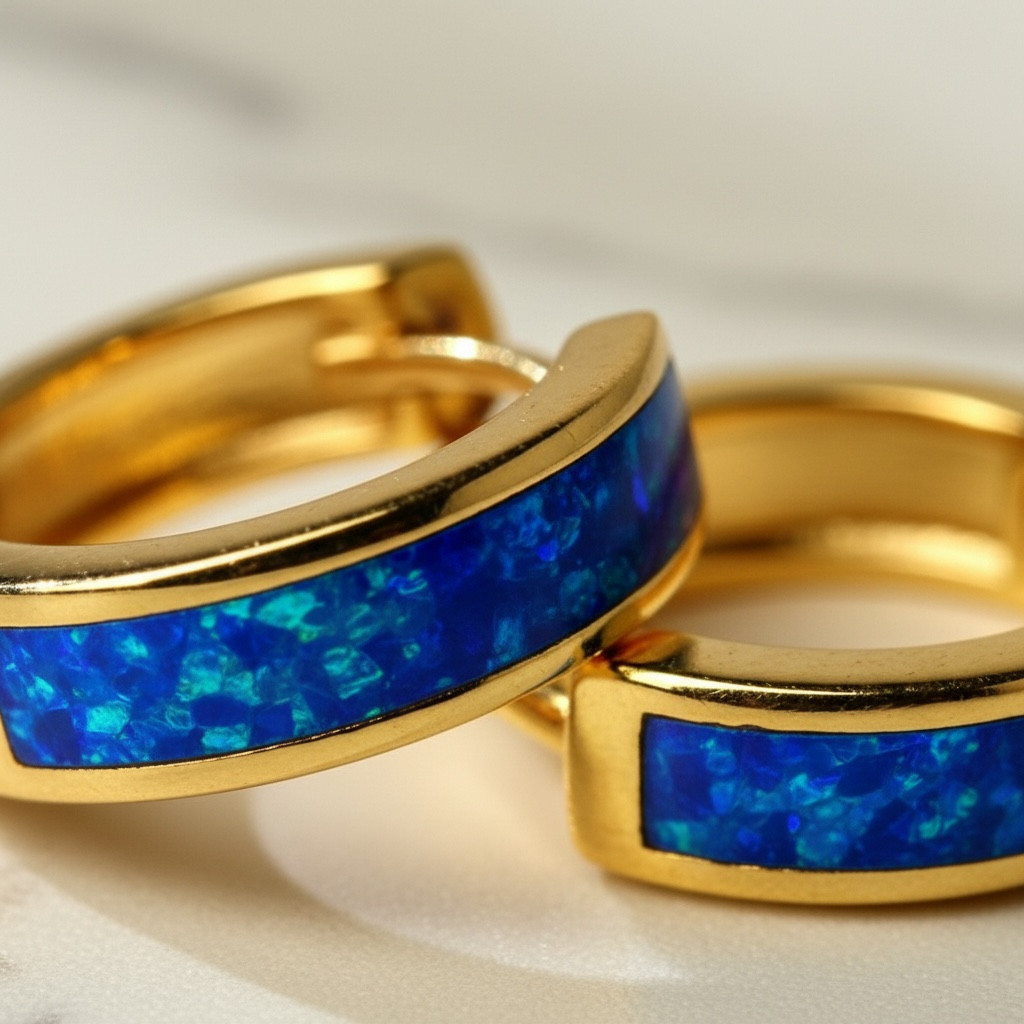 Opal Hoop Earrings | Elegant Silver Opal Huggie Set | Everyday White & Blue Opal