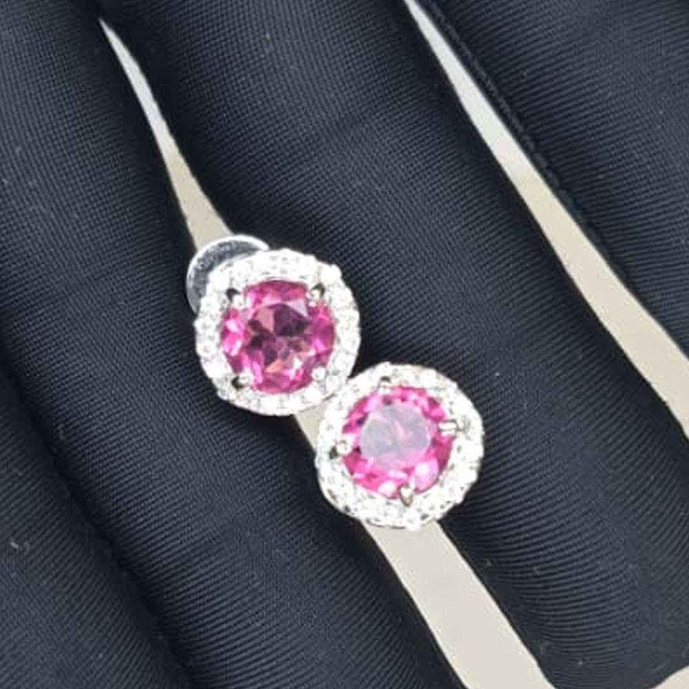 5.60Crt Round Natural Tourmaline Diamond Stud Pair Earring 18K White Gold Plated