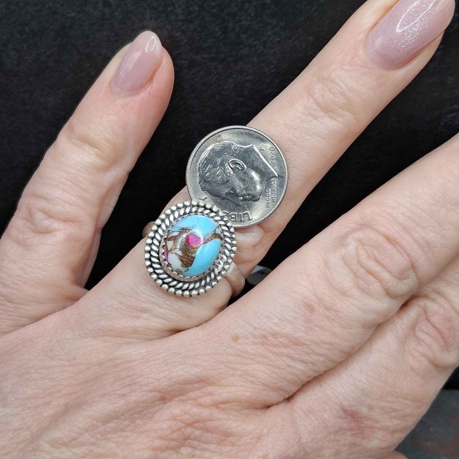 Cotton Candy Turquoise Ring Adjustable 5.5-10 Sterling Silver 925 Southwestern