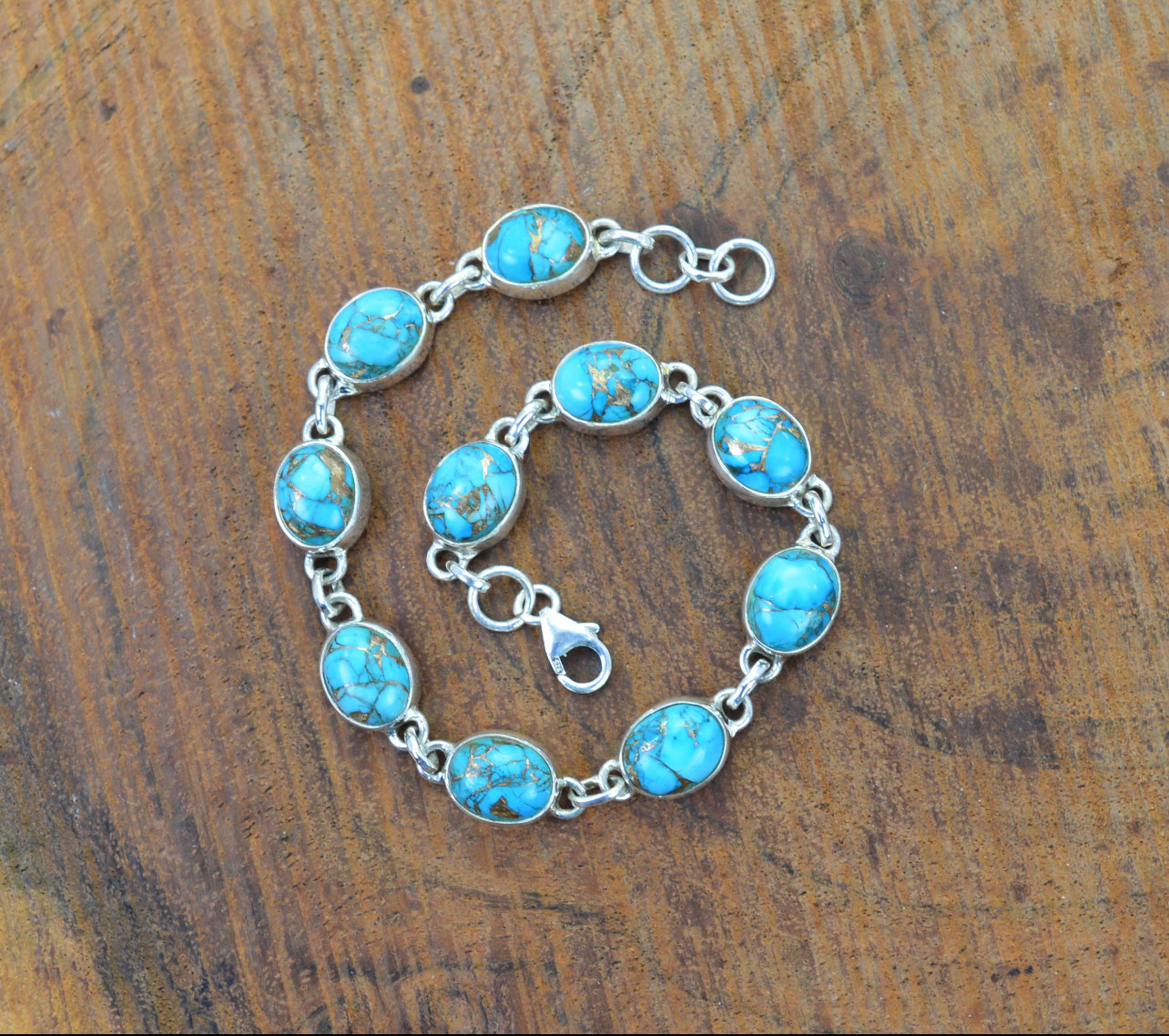 Blue Copper Turquoise Bracelet 925 Sterling Silver Handmade Boho Jewelry SR1168