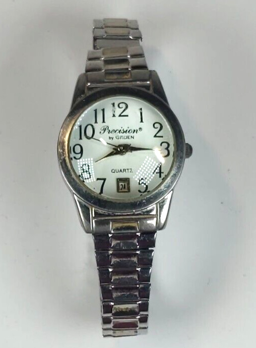 GRUEN PRECISION WOMENS WATCH EASY TO READ; SILVER BAND; POP CRYSTAL DATE; WORKS!