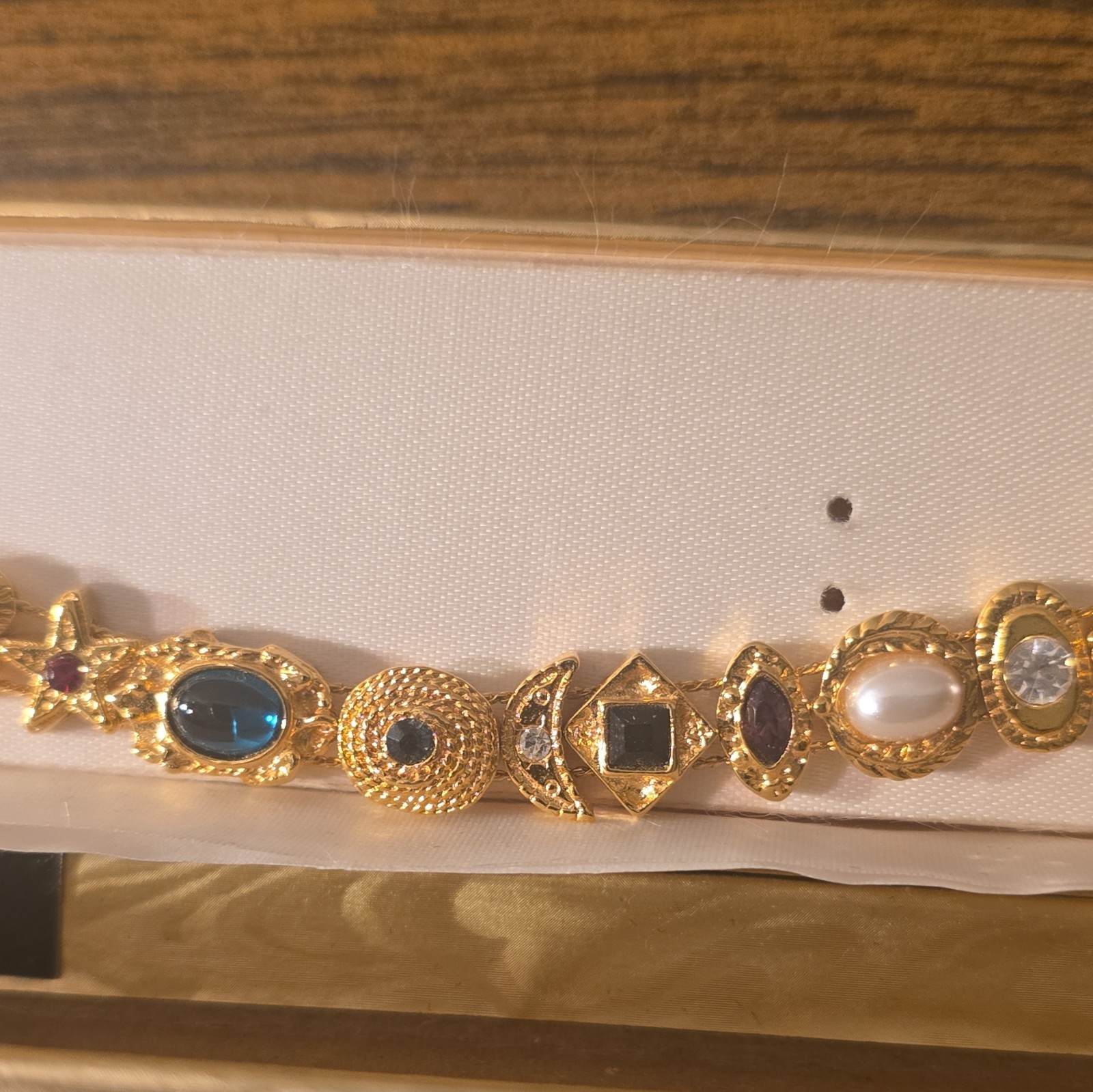 Gold Tone Austrian Crystal Dangle Charm Bracelet, Box Clasp, Multicolor
