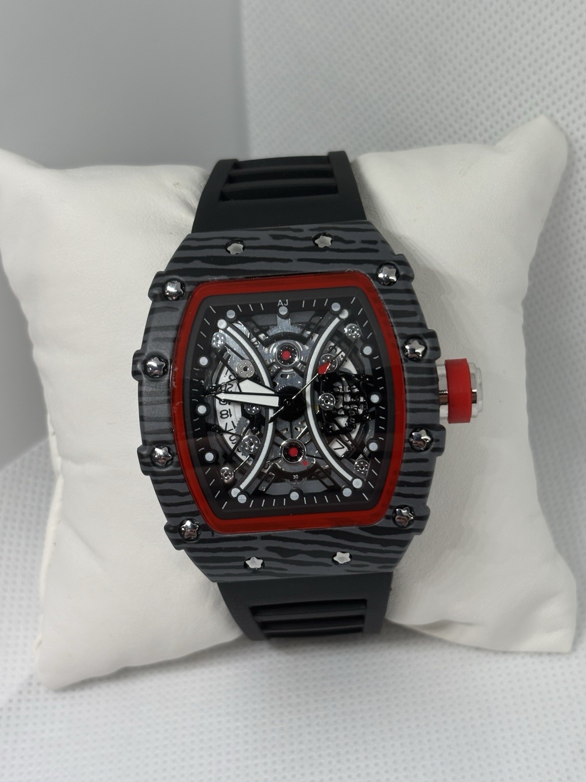MENS Luxury Skeleton Quartz Watch Gray Carbon Style Red Bezel Box & Papers