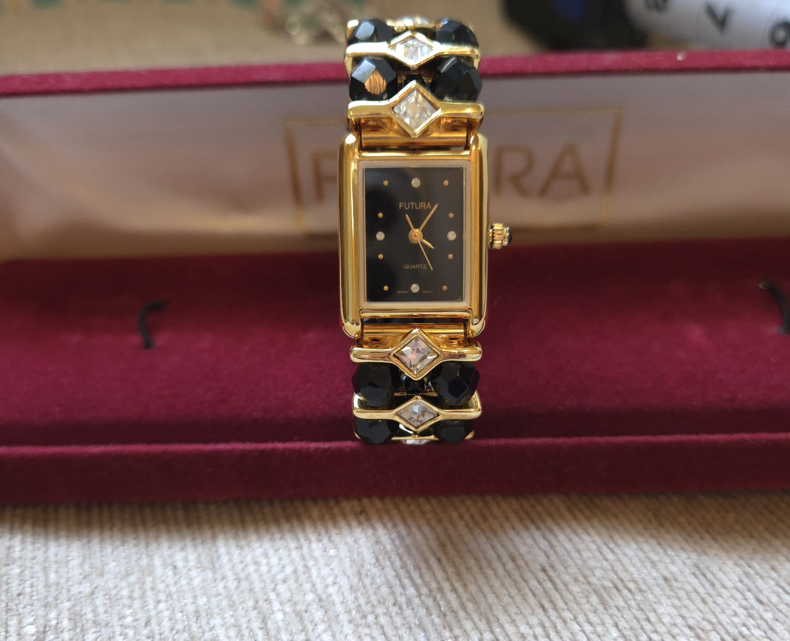 Vintage Futura 3780 Women’s Watch Black Beaded Rhinestone Quartz w/ Original Box