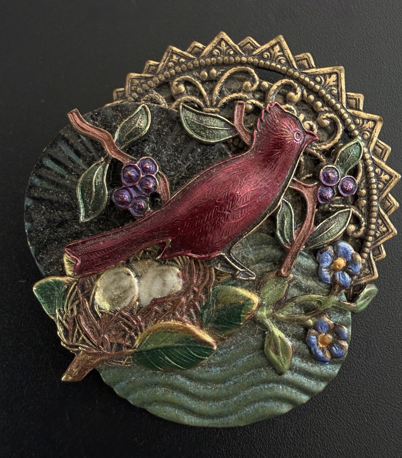Vintage Brass Red Cardinal Bird Nest Brooch Enamel Mixed Metal Nature Jewelry!
