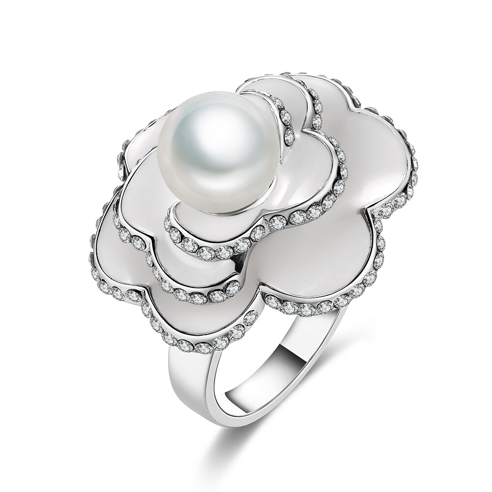 Womens Platinum Plated Ceramic Elegant Pearl CZ Crystal Flower Vogue Ring #DR111