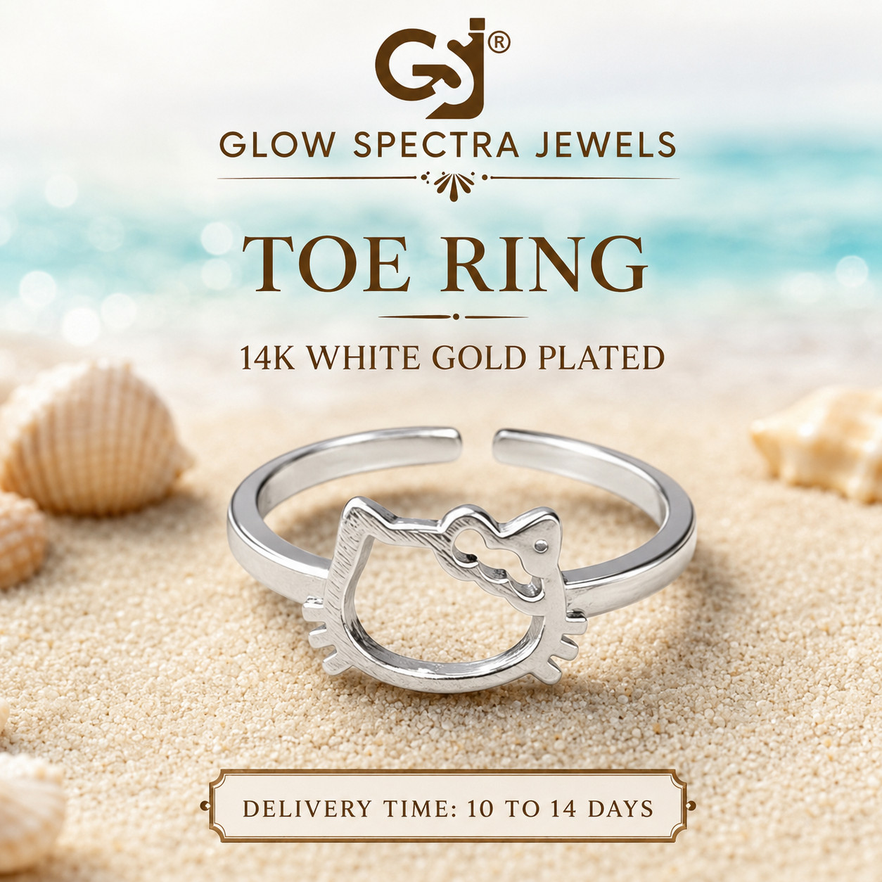 925 Sterling Silver Hello Kitty Adjustable Ring 14k White Plated