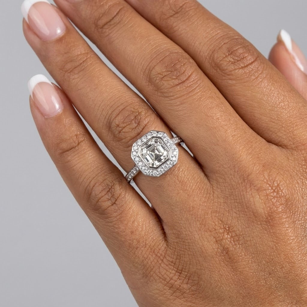 Side Stone Engagement Ring 14K Gold Halo 2.54 CT Asscher Lab-Grown Diamond H VS1