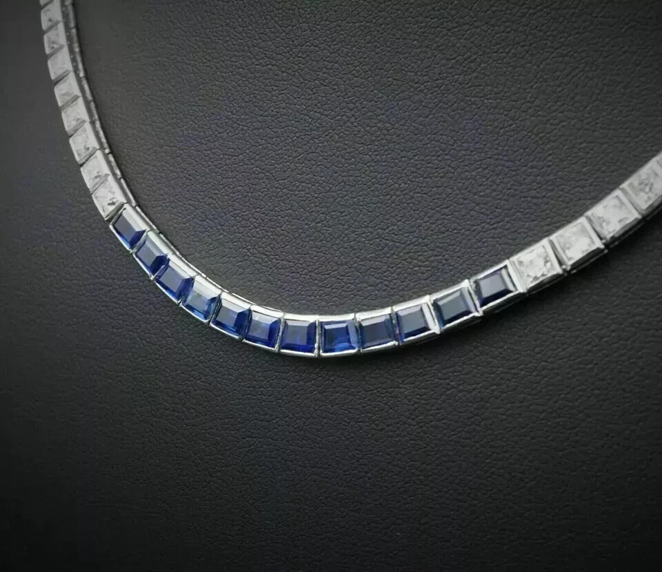 10CT Princess Cut Blue Sapphire Lab Crated Tennis Necklace 14K White Gold Plated