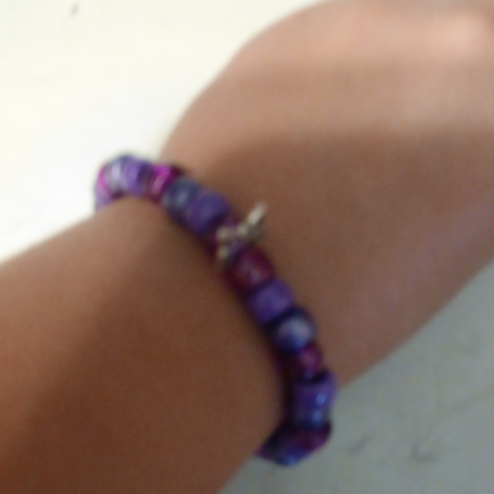 Purple Blue Plastic Beaded Charm Bracelet, Butterfly Dangle, No Stone