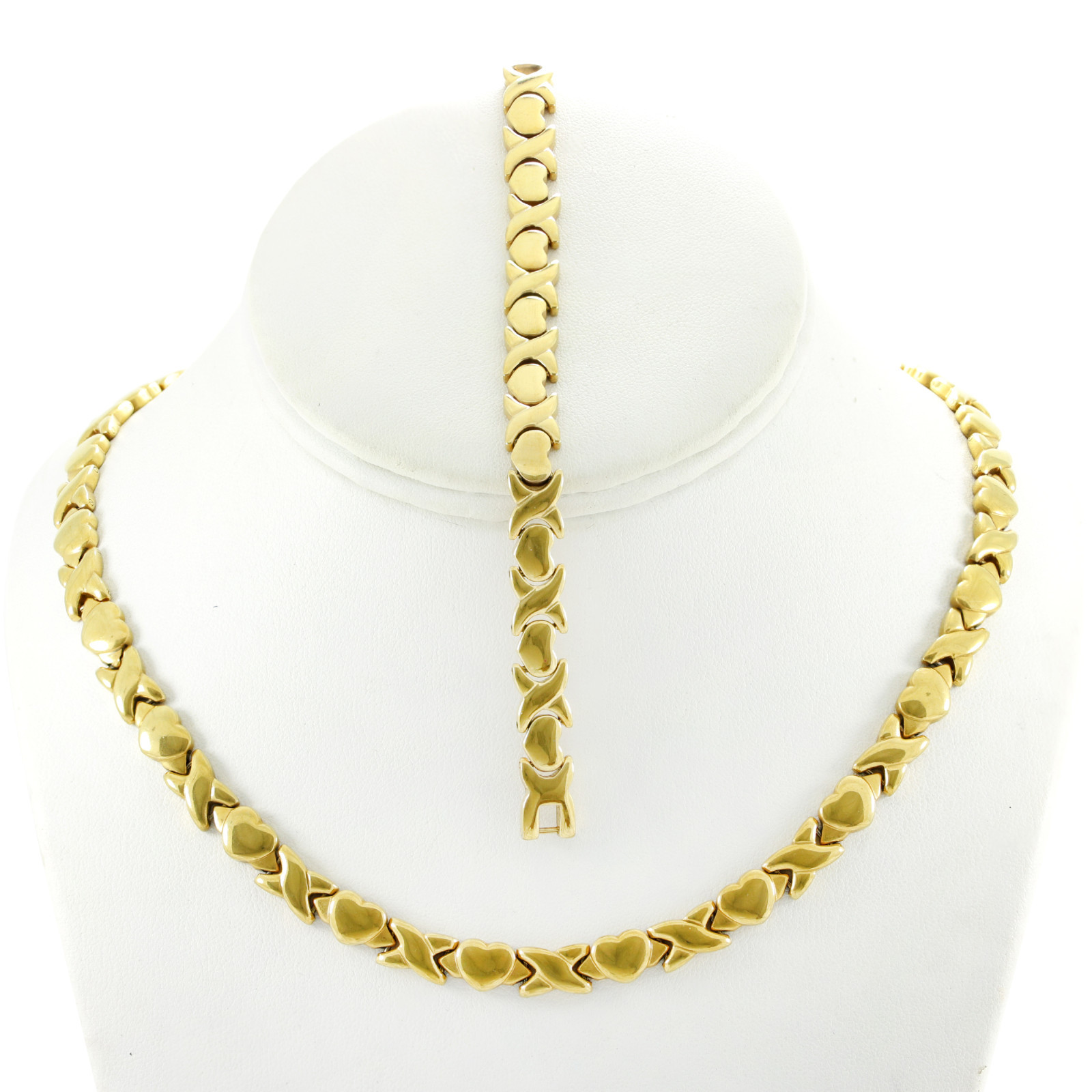 ANTI-TARNISH Hugs Kisses Necklace Bracelet Set Stainless Steel Gold Plated 20”