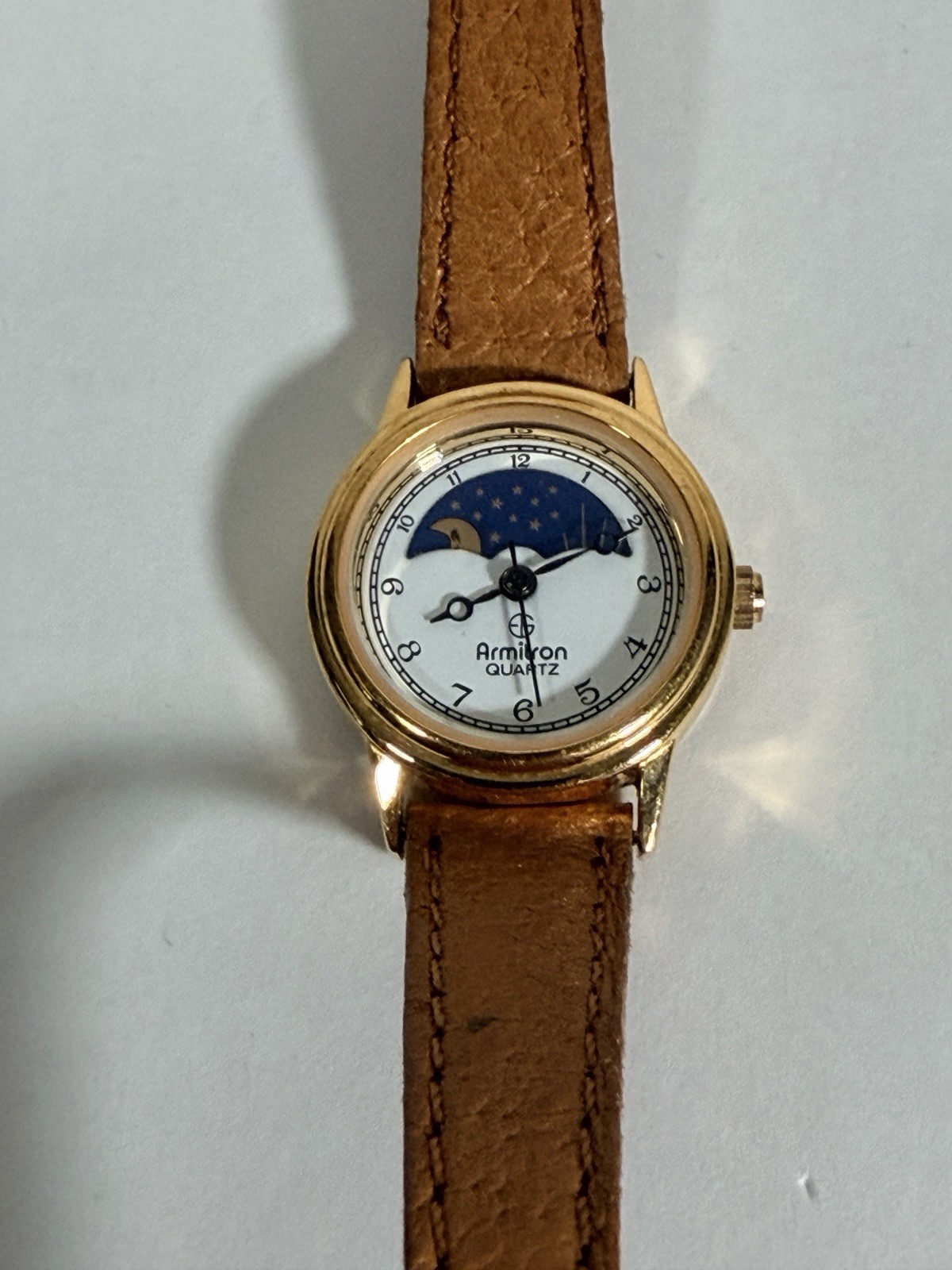 VTG Armitron Quartz Watch Women Moon Phase Gold Tone Leather Analog