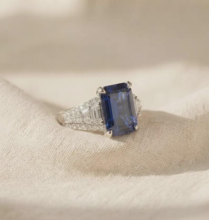 Art Deco Blue Sapphire Emerald Cz Engagement Ring Vintage Wedding Bridal Ring