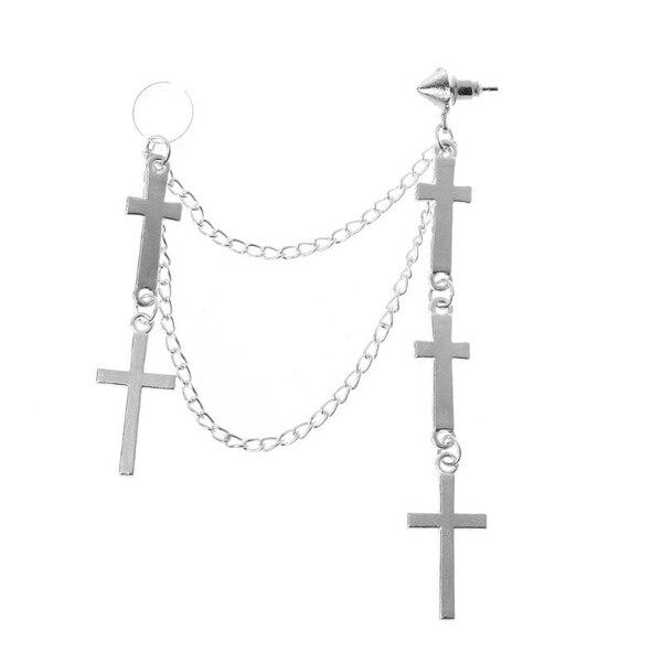 Gothic Punk Cuff Dangle Drop Cross Earrings-Long Chain Stud Tassel, Gift, Silver