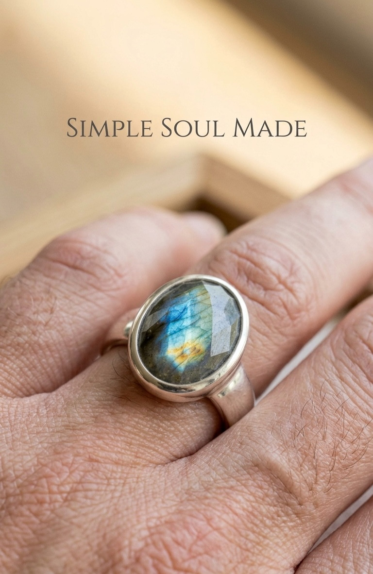 925 Sterling Silver Faceted Labradorite Ring Oval Statement Ring Handmade