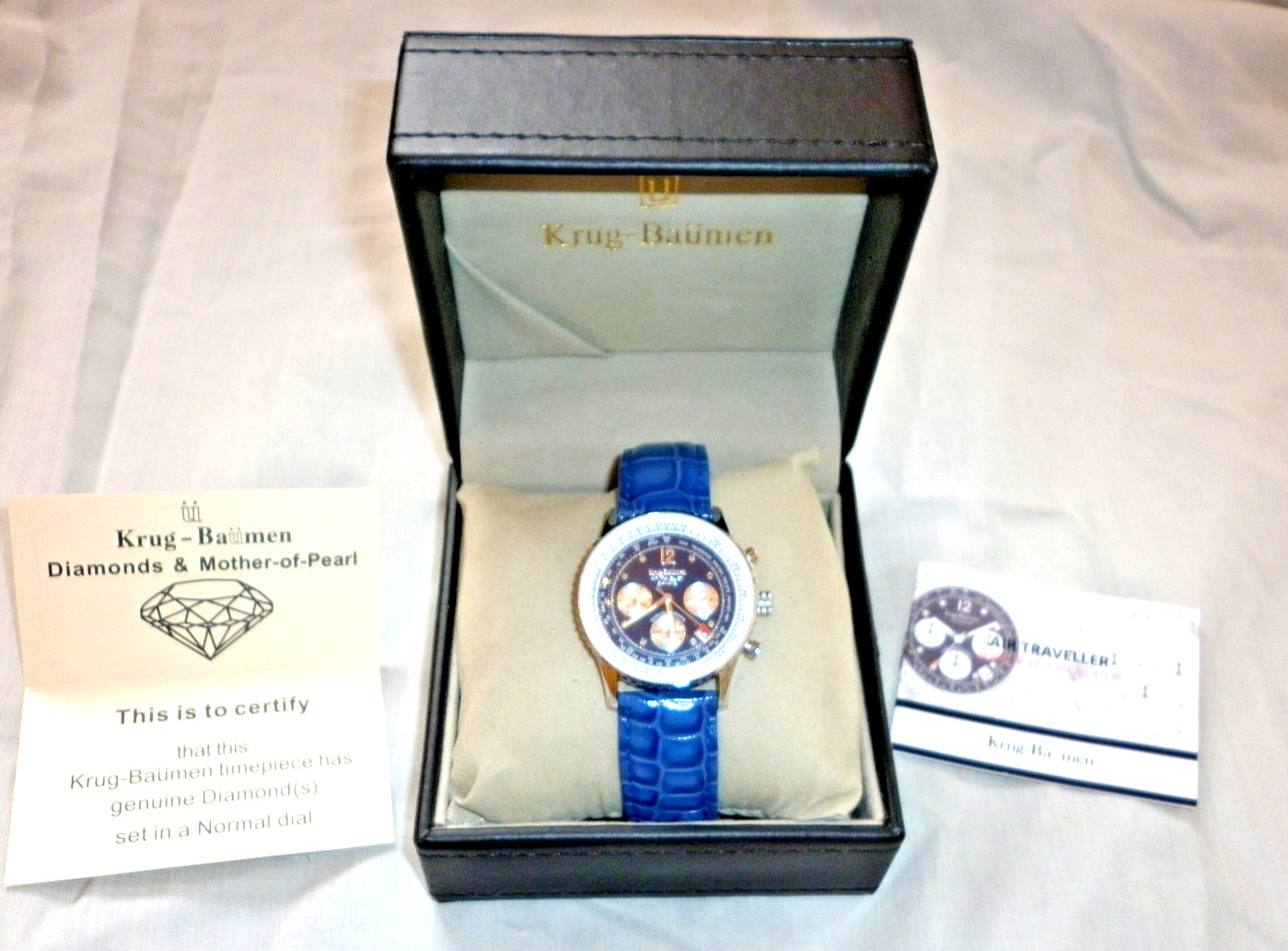 Krug Baumen Mens Air Traveller Diamond Silver – Blue Leather Watch with box