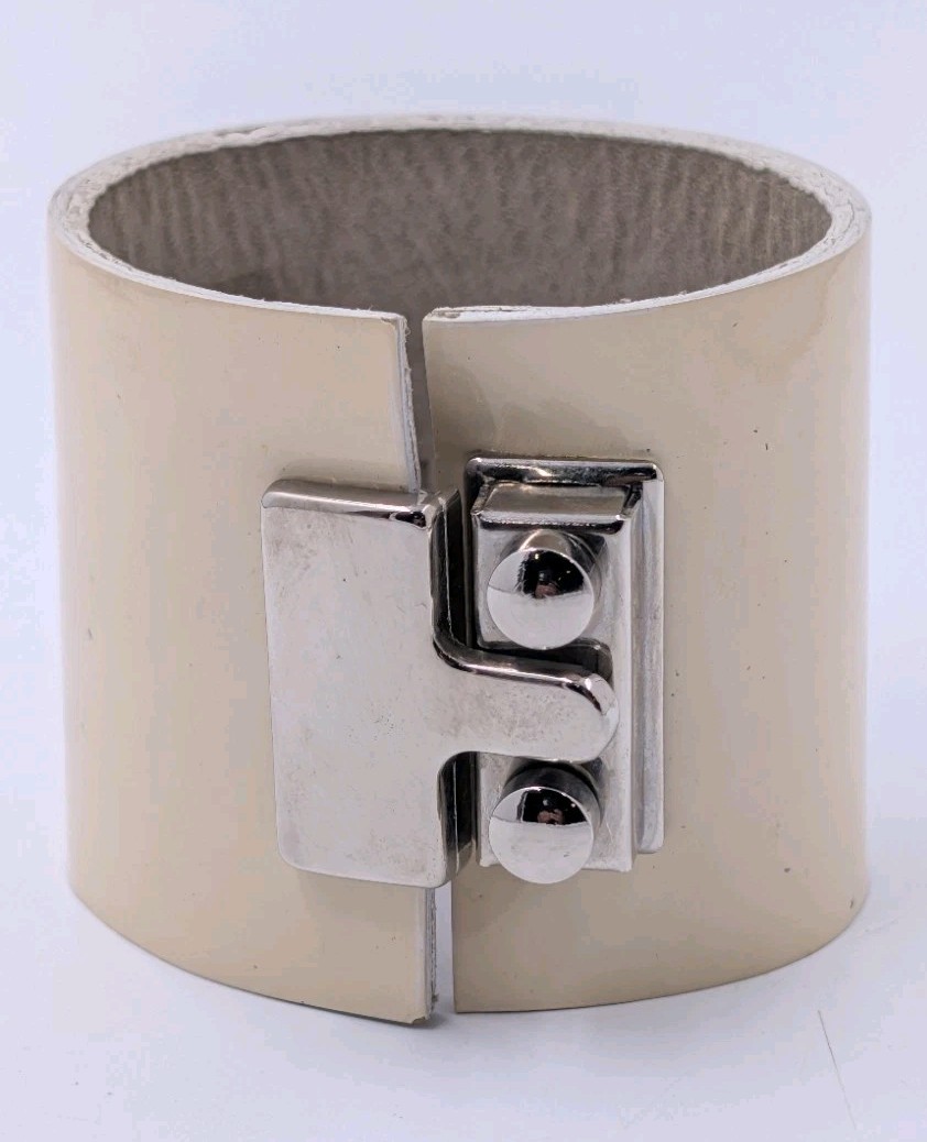 YOCHI NY Cream Beige Leather Silver Snap Clasp Wide 2” Bracelet 5.5” or 6”