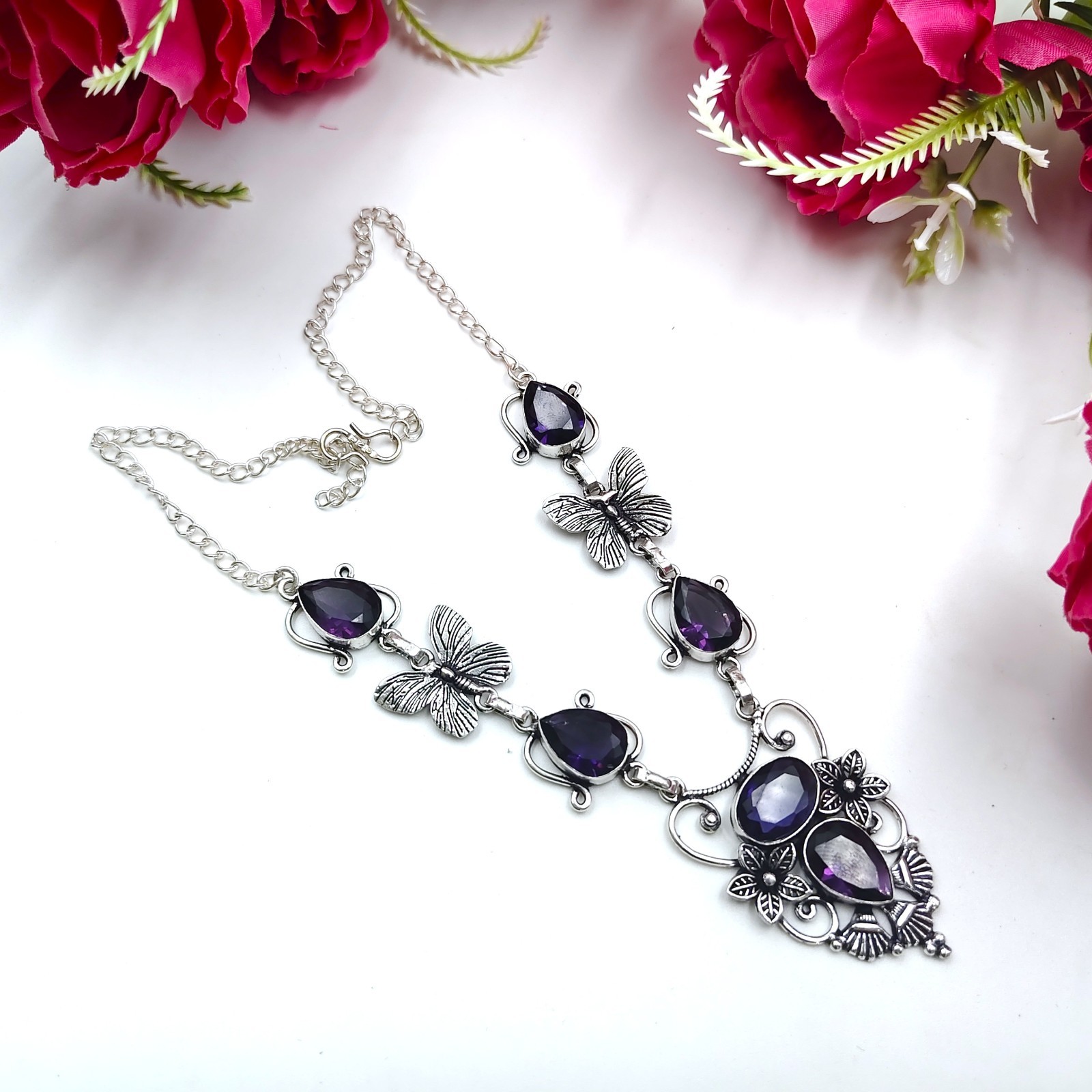 Purple Amethyst Gemstone Handmade 925 Sterling Silver Jewelry Necklace Sz-17-18″