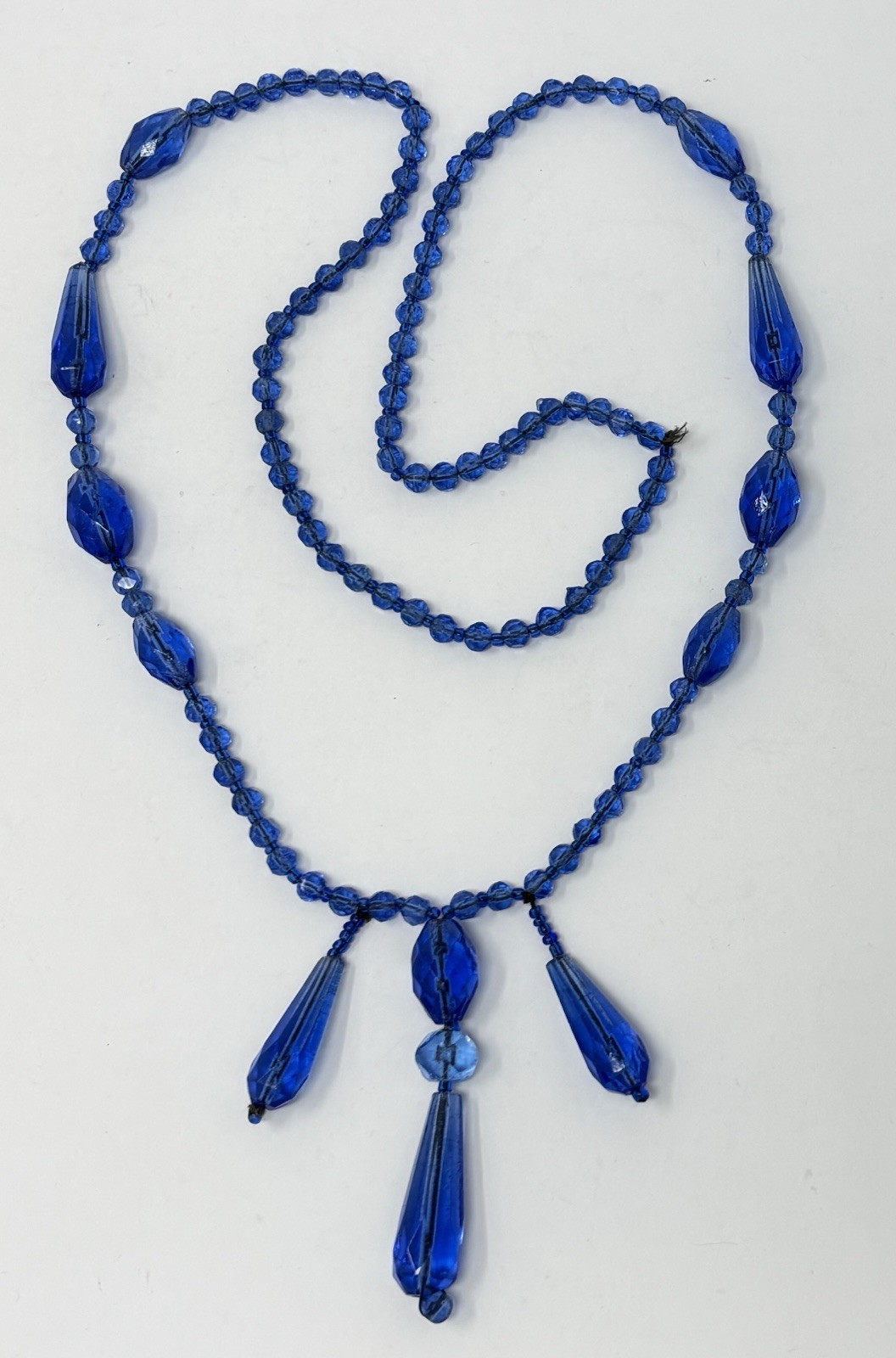 Antique Art Deco Blue Glass Bead Necklace Sautoir Flapper Teardrop 30″