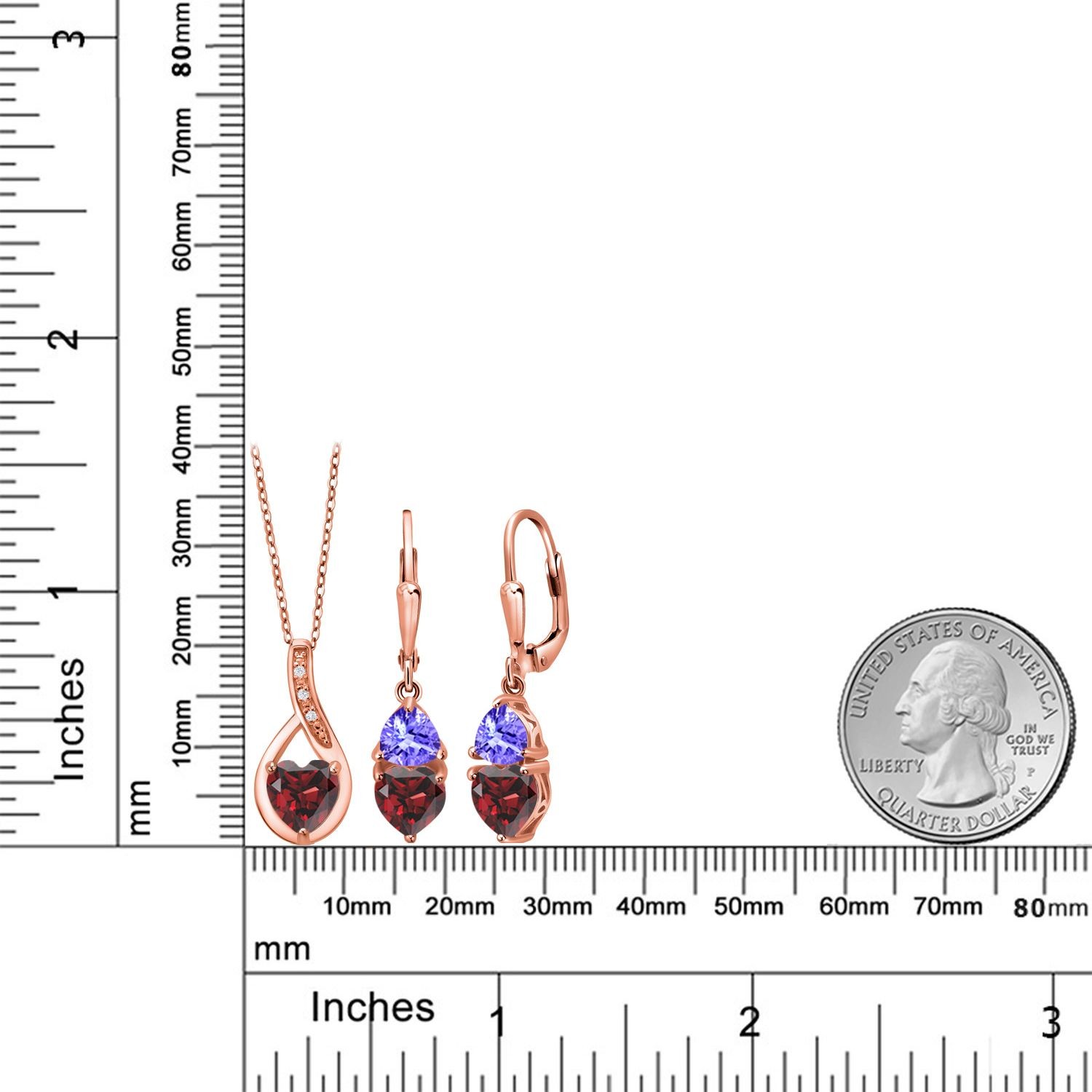 18K Rose Gold Plated Silver Garnet and Tanzanite Pendant Earrings Set For Women