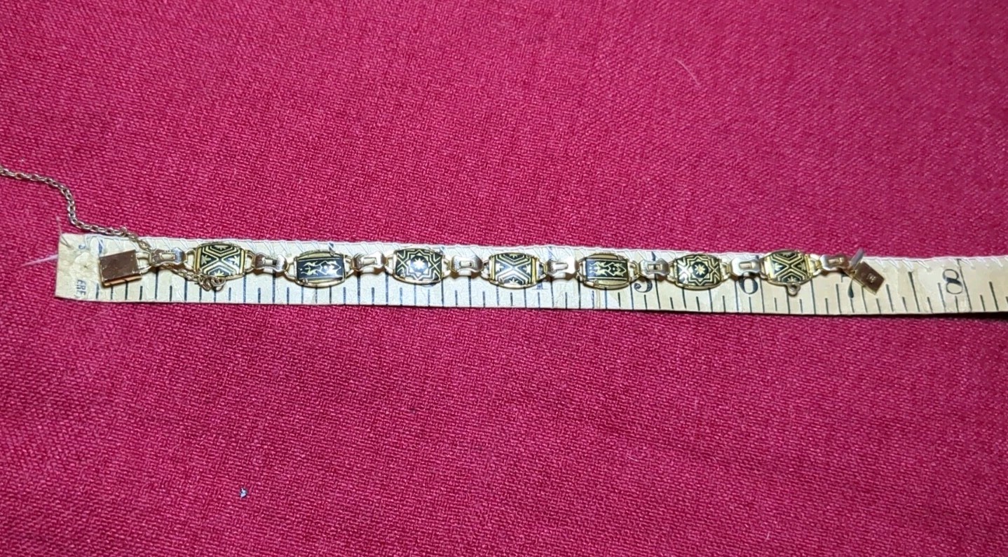 Vintage Midas “ia” Damascene Link Bracelet Black Gold Geometric Toledo Spain 7″