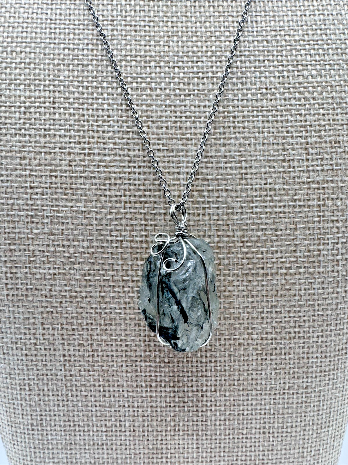 Raw Green Tourmaline in Quartz Wire Wrapped Necklace 304 Stainless Steel Chain