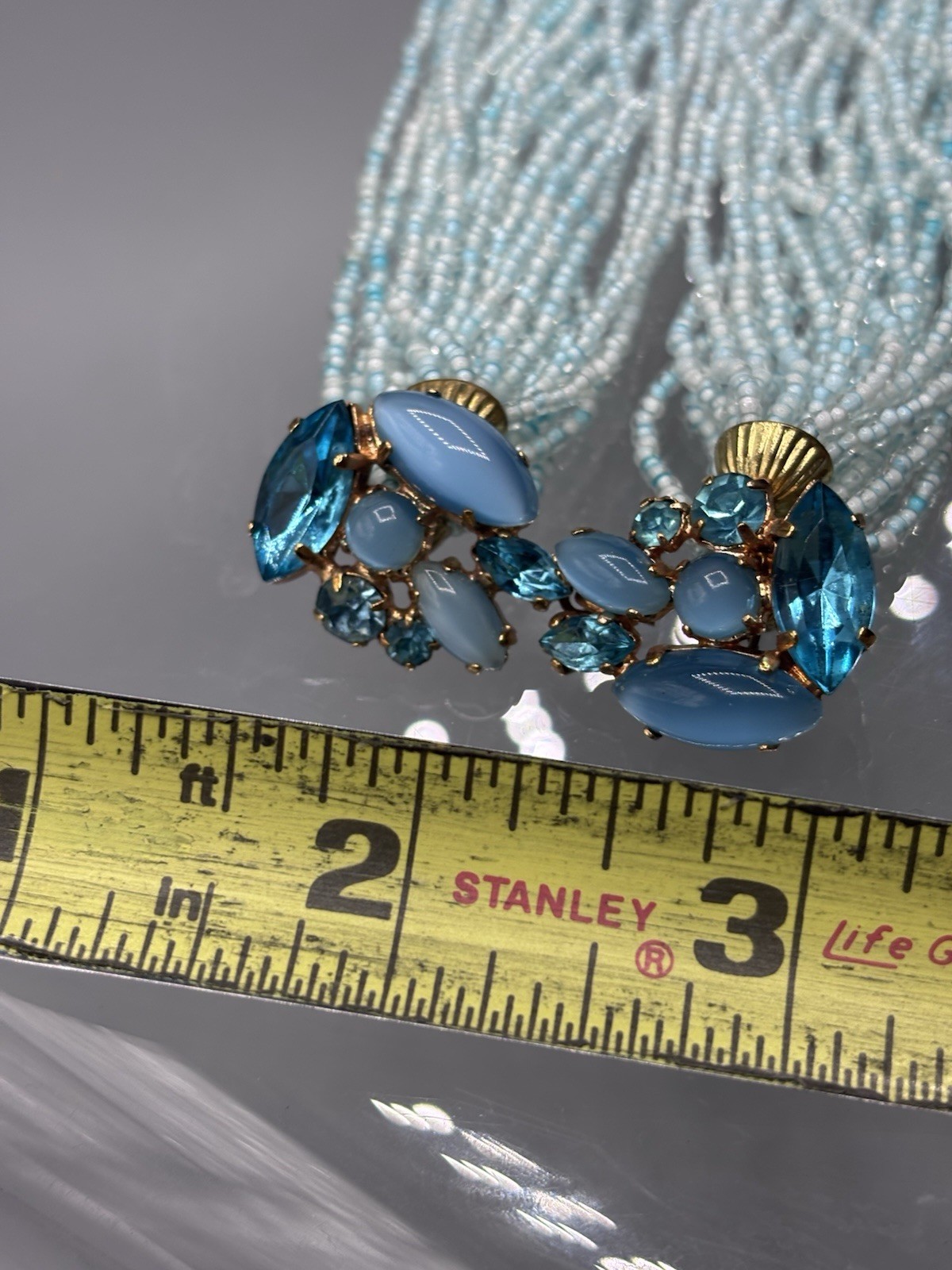 Vintage Glass Seed Bead Aqua Multi Strand Statement Necklace W/ Earrings 50’s