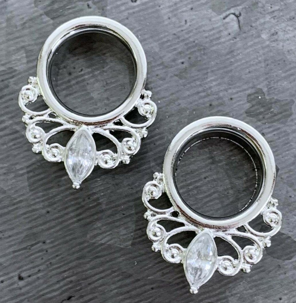PAIR Marquise Crystal Vintage Filigree Drop Single Flare Tunnels Plugs Gauges