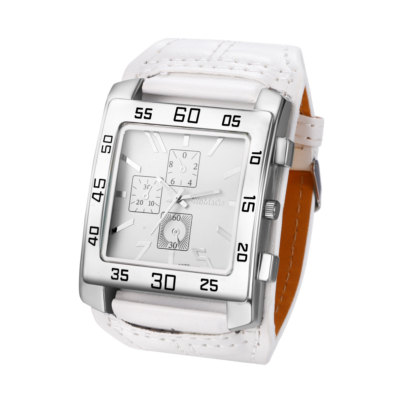 Mens Punk Wide Leather Cuff Band Big Square Dial Analog Quartz Biker Wrist Watch