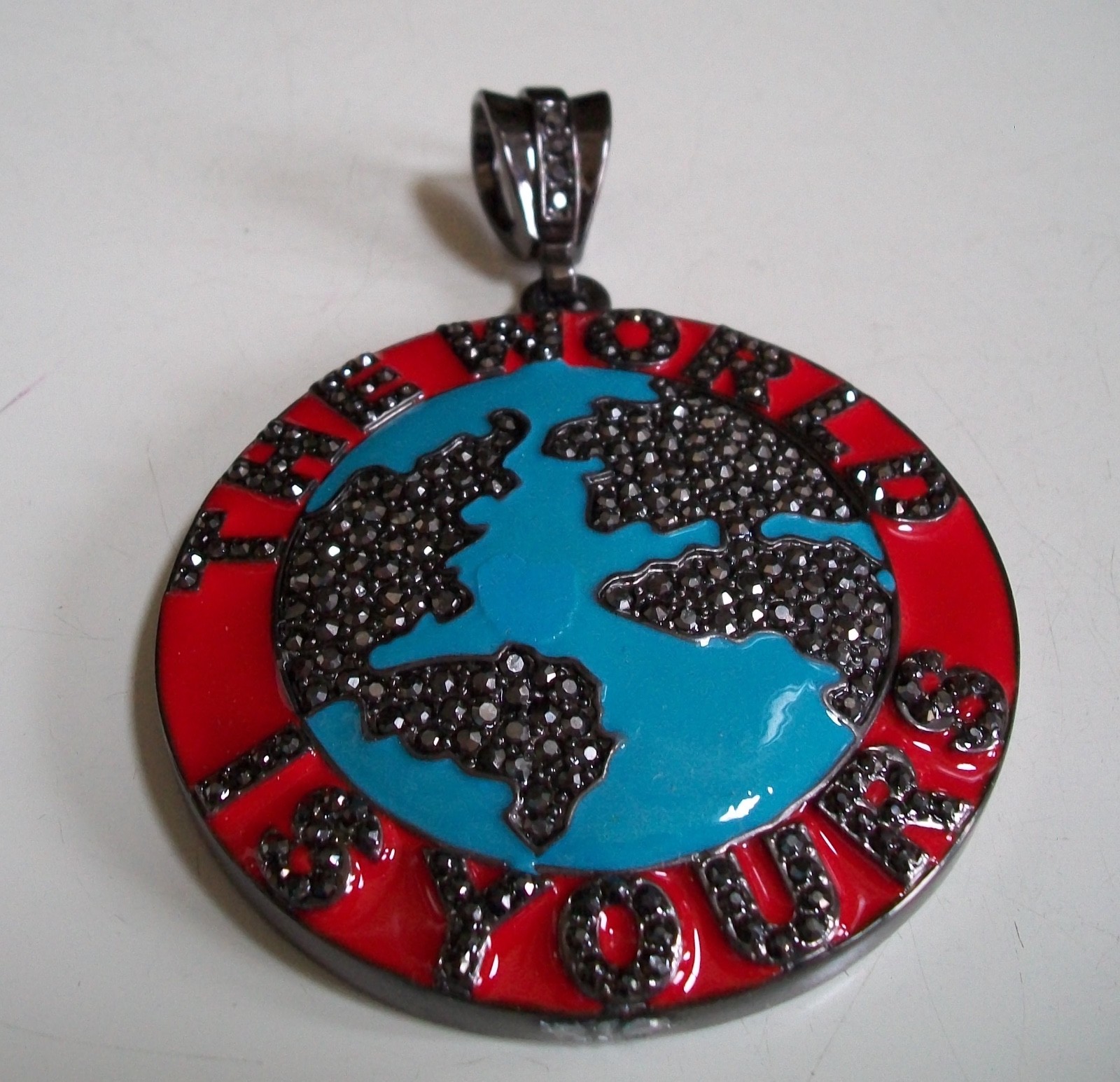 Men Bling Black Hematite Finish THE WORLD IS YOURS Globe Fashion Dressy Pendant