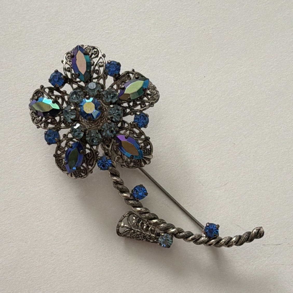 Western Germany blue rhinestone flower brooch pin silver metal