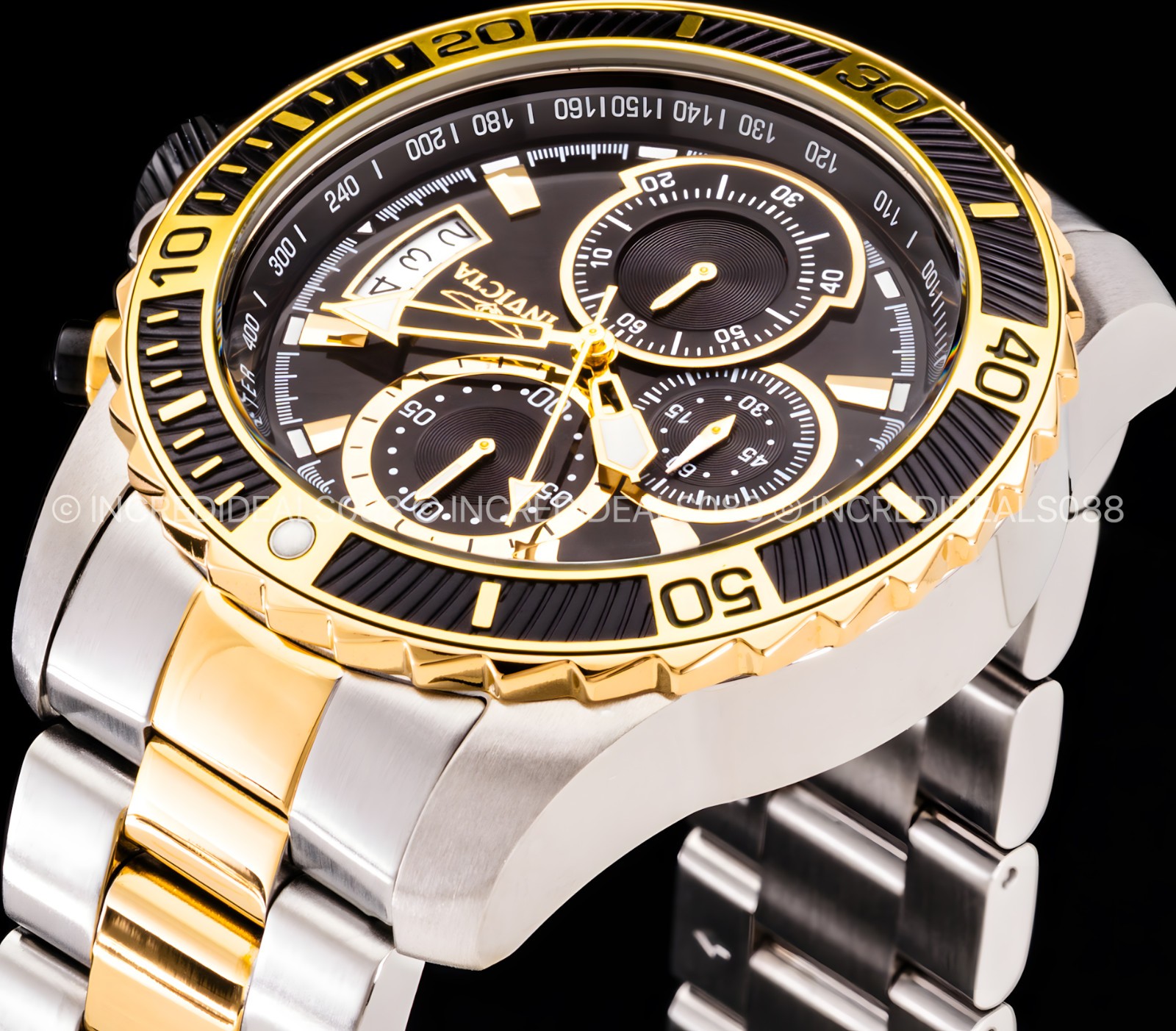 Invicta Men PRO DIVER SCUBA 18K GOLD SILVER Black Dial Two Tone Bracelet Watch