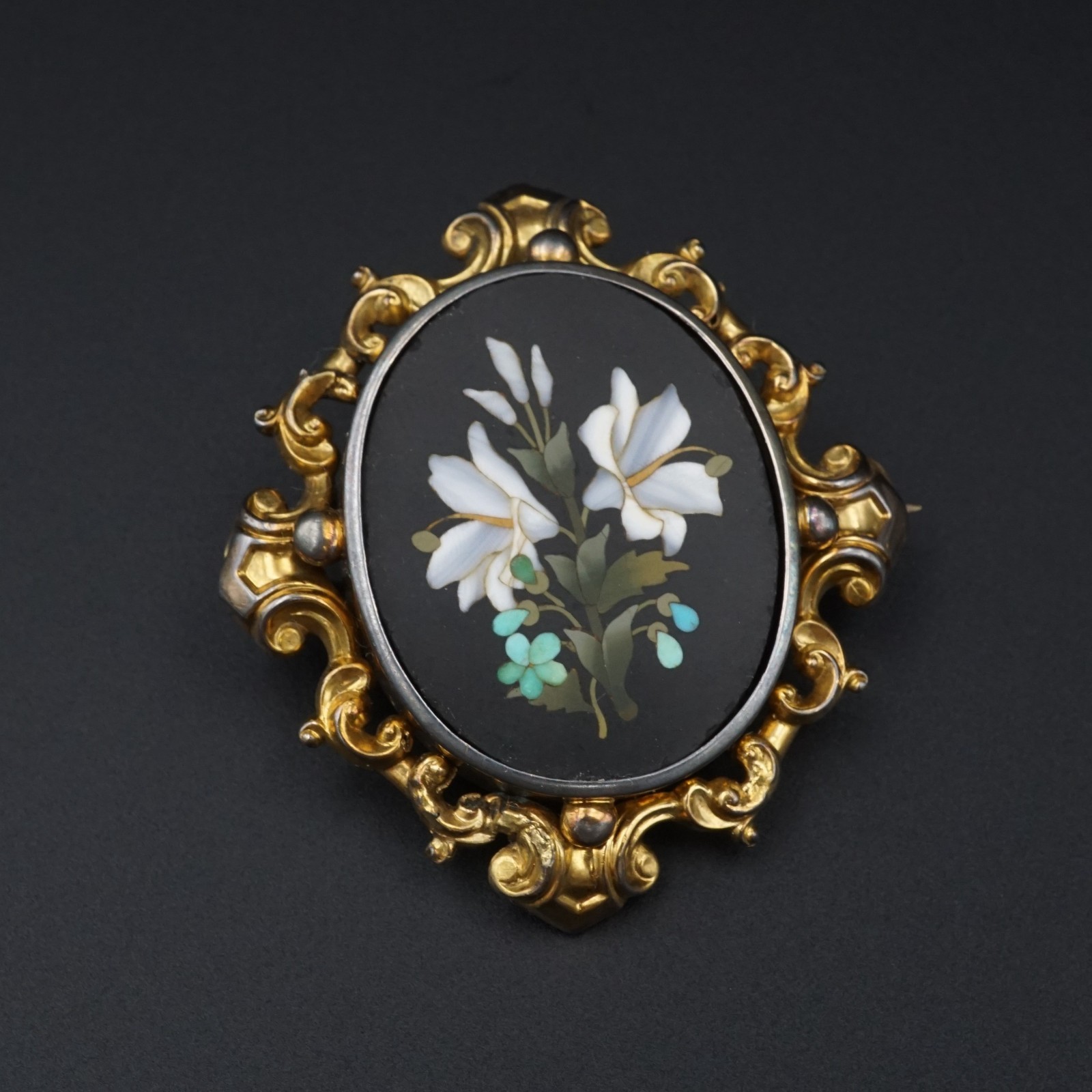 Antique Victorian Pietra Dura Floral Brooch Inlay 9k Yellow Gold OG603