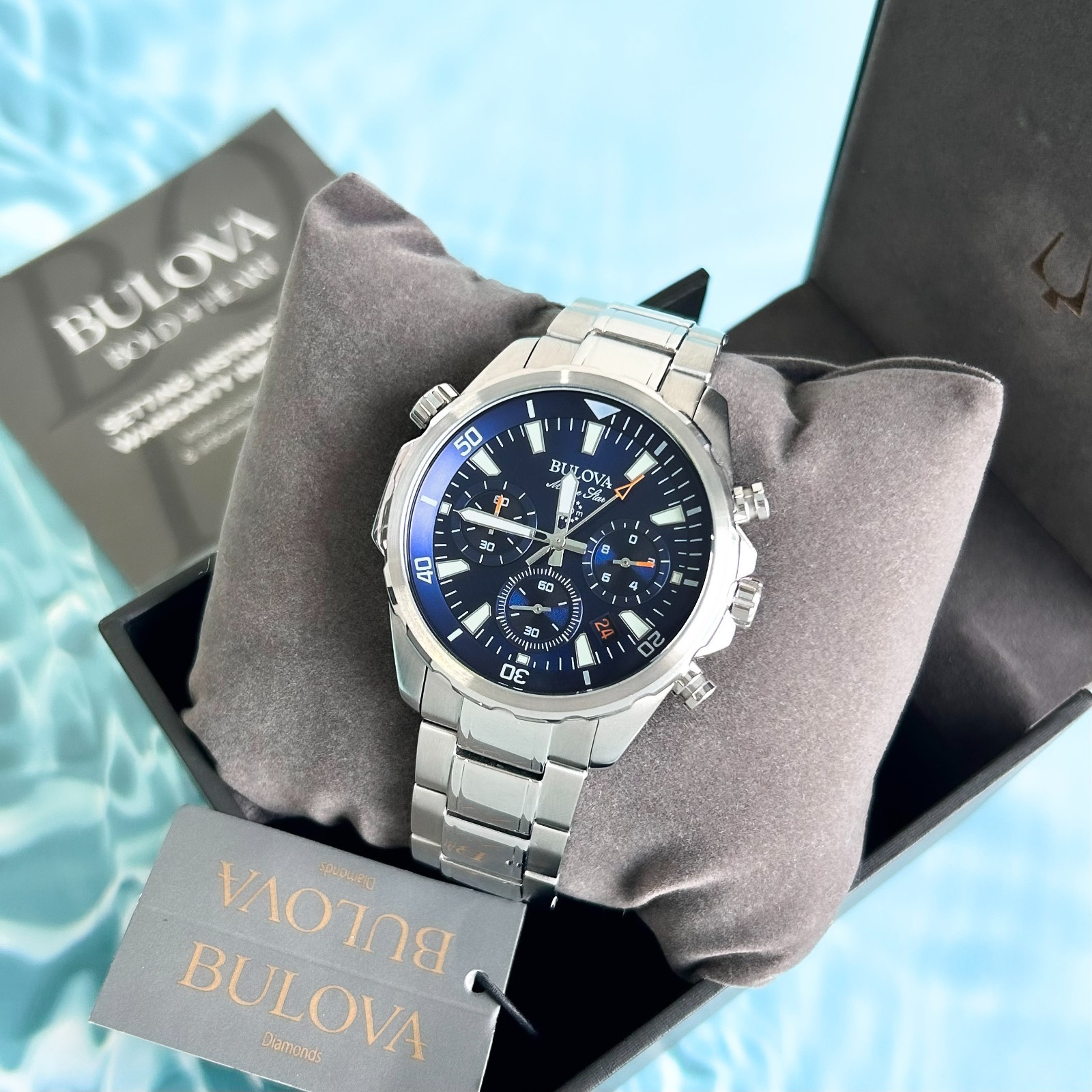 Bulova Classic Marine Star Chronograph Blue Dial Stainless Steel Men Watch 43MM