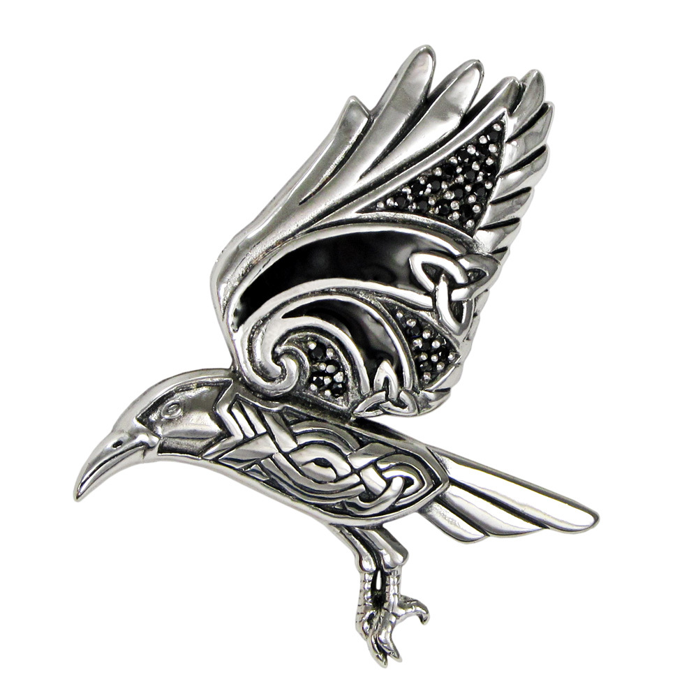 Sterling Silver Flying Celtic Knot Triquetra Raven Pendant Crow Knotwork Jewelry