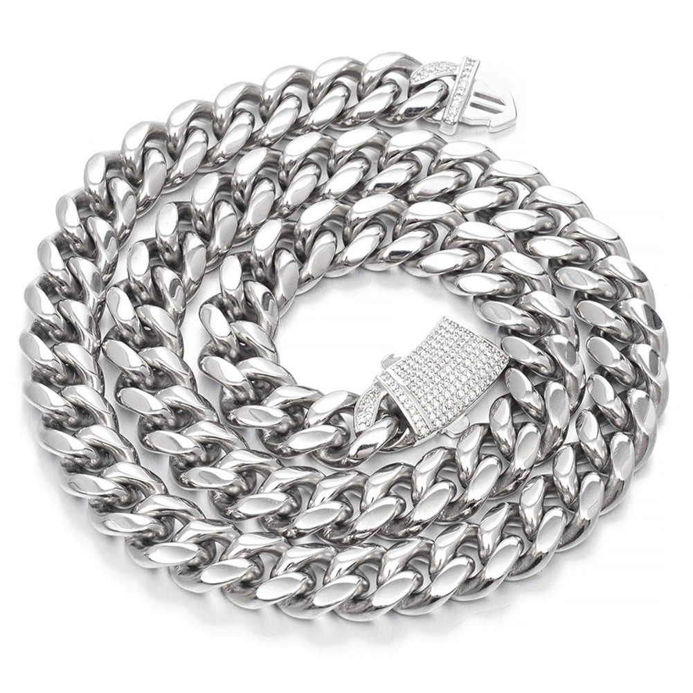 8/10/12/14mm Women Men’s Stainless Steel Cuban Link Chain Necklace Bling Lock