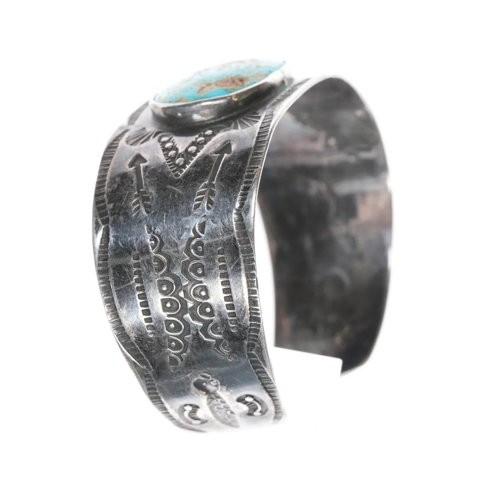6.375″ Vintage Fred Harvey Navajo hand stamped sterling silver cuff bracelet tu