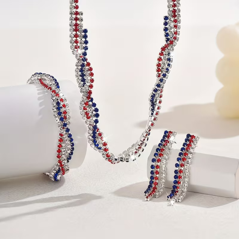 NEW RED WHITE BLUE RHINESTONE EARRING NECKLACE TWISTBRACELET SET USA FLAG DESIGN