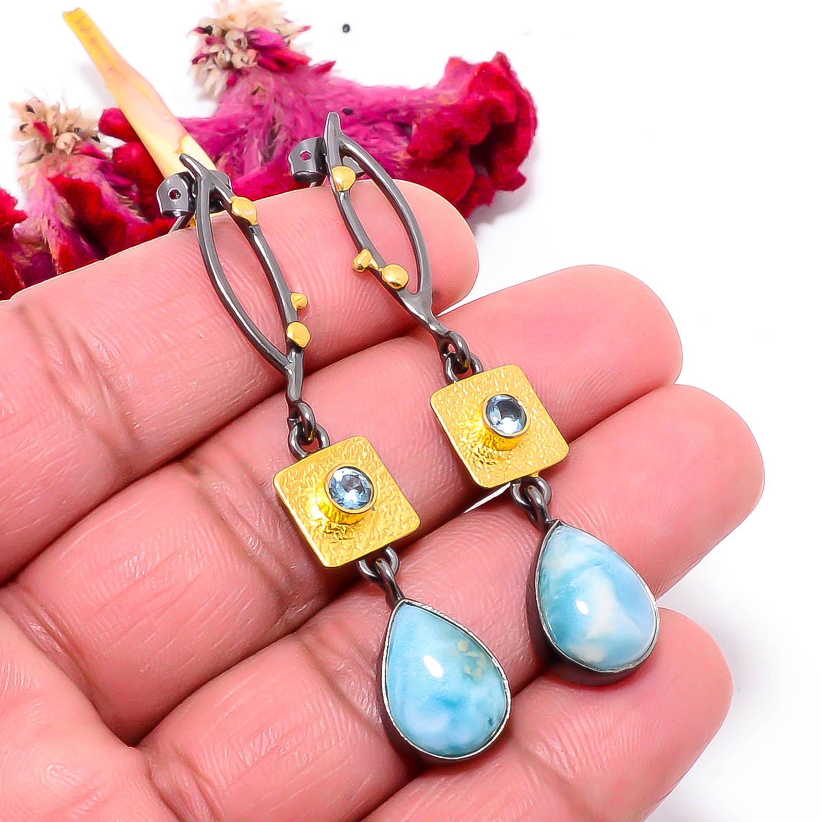 Natural Larimar, Blue Topaz 925 Sterling Silver Gold Rhodium Earring 2.34″ Sku21