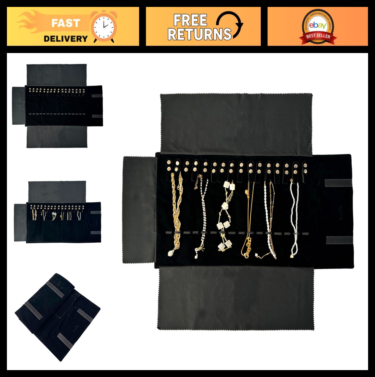 Velvet Travel Jewelry Roll Organizer Bag – Anti-Winding, Elastic Band, Black