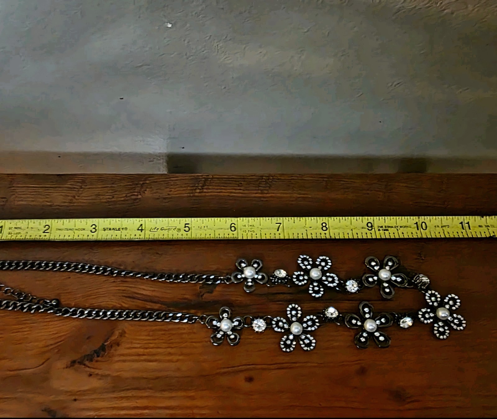 Black, Gun Metal, Faux Pearls And Rhinestone Flower Necklace
