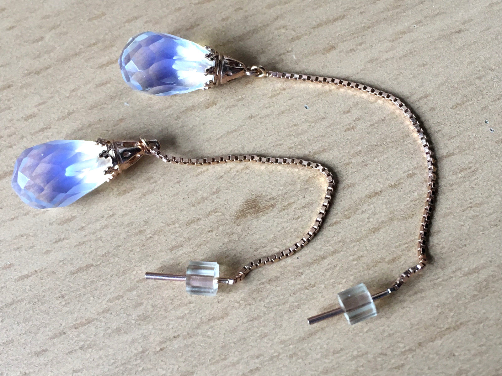14K PINK ROSE GOLD MOONSTONE THREADER PULL THROUGH CHAIN DANGLE DROP EARRINGS